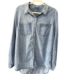 Cato Chambray Pearl Snap Top Size Large Roll Tab Sleeve Coastal Cowgirl Western